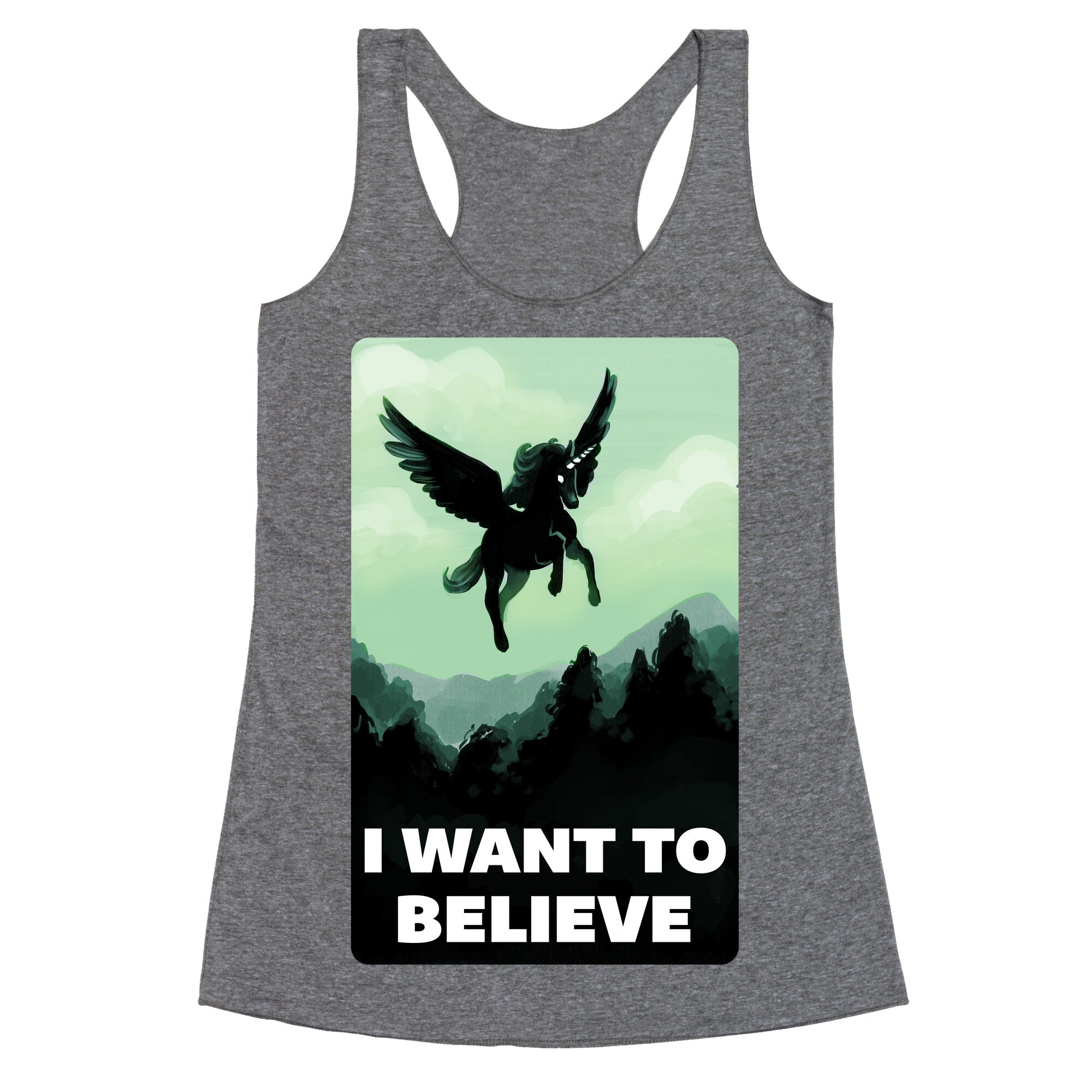 Winged Unicorn: I Want To Believe Parody Racerback Tank